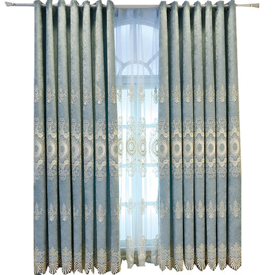 Blue sheer curtain with intricate gold and dark blue embroidery in a European classical style, draped over a window. - Image 5