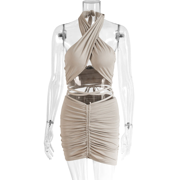 Vestido Dos Piezas Halter con Encaje y Volantes Anudado Espalda Descubierta