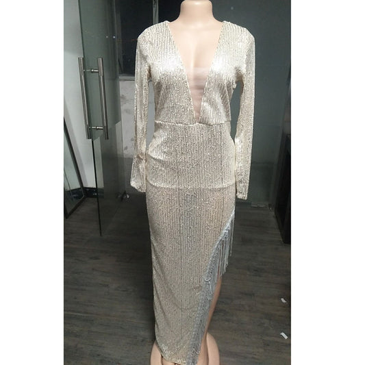 Vestido Asimétrico Elegante con Escote Profundo y Manga Larga - Image 2
