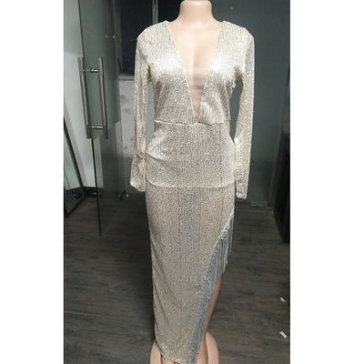 Vestido Asimétrico Elegante con Escote Profundo y Manga Larga - Image 2