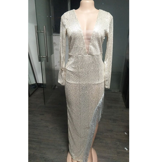 Vestido Asimétrico Elegante con Escote Profundo y Manga Larga - Image 2
