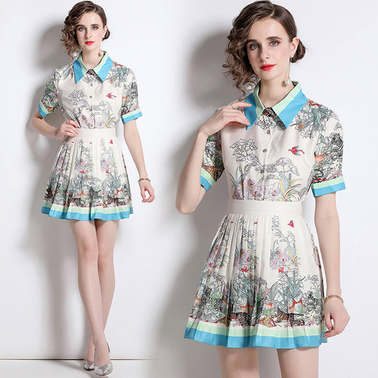 Conjunto de Blusa Estampada y Falda Plisada