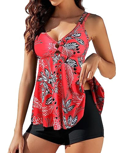 Women's plus size two-piece swimsuit with a red floral print tankini top and black boxer swim shorts. - Image 15