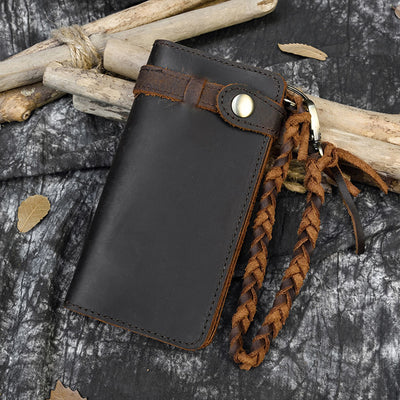 Cartera Larga de Cuero Crazy Horse Vintage con Cinturón Tejido y Cierre de Hebilla para Hombre