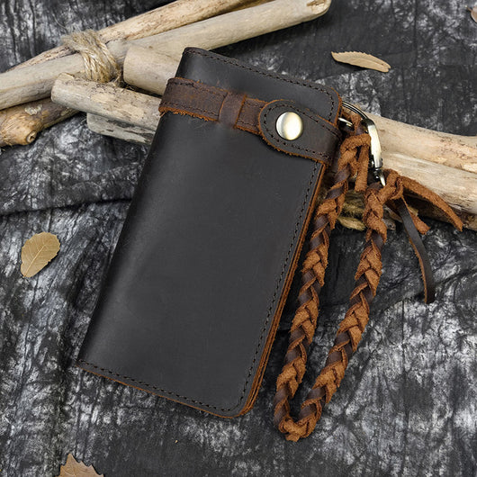 Cartera Larga de Cuero Crazy Horse Vintage con Cinturón Tejido y Cierre de Hebilla para Hombre