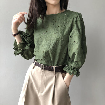 Blusa Coreana Elegante con Cuello Redondo y Mangas Abullonadas