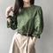 Blusa Coreana Elegante con Cuello Redondo y Mangas Abullonadas