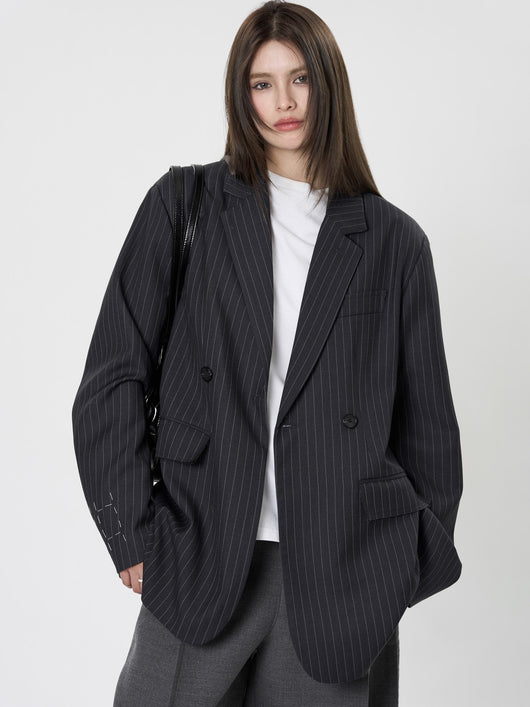 Blazer Casual de Solapa Ancha con Rayas - Silueta Esbelta y Temperamento Refinado - Image 15