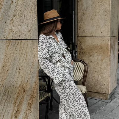 Conjunto Ejecutivo Blusa Leopardo Algodón Puro Manga Larga Cintura Alta Mujer - Image 3