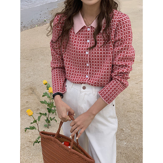Cardigan Tejido Houndstooth con Cuello Polo para Mujer