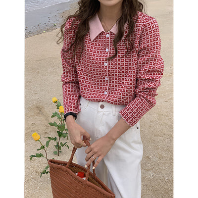 Cardigan Tejido Houndstooth con Cuello Polo para Mujer
