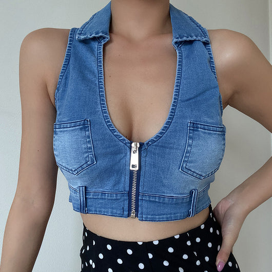 Top Sin Mangas Cuello Profundo Vintage Desgastado con Bolsillo y Cierre - Image 18