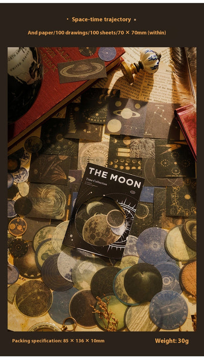 A collection of retro-style washi stickers featuring moon phases, planets, and celestial designs in various shapes and sizes. - Image 13