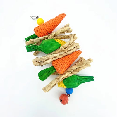 Colorful bird toy with woven straw carrots, corn cobs, braided perches, and a bell, for hanging in a cage. - Image 4