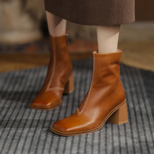 Botas Retro de Tacón Chunky y Punta Cuadrada en Piel de Cordero para Mujer - Image 8