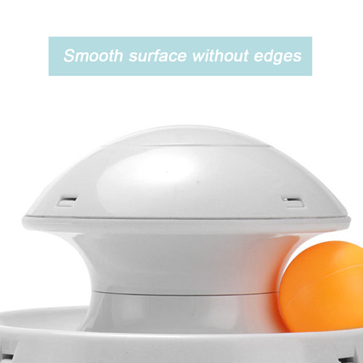 Orange and blue interactive pet food dispenser toy with multiple tiers and white balls, next to its black packaging. - Image 6