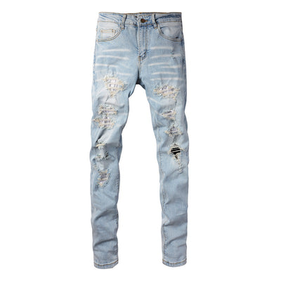 Jeans Ajustados para Hombre con Parches Diamante Claro y Detalles Perforados - Image 19