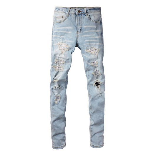 Jeans Ajustados para Hombre con Parches Diamante Claro y Detalles Perforados - Image 19