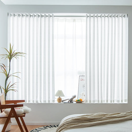 White translucent thickened sunscreen curtain made of hemp yarn with grommet top, hanging in a modern window.