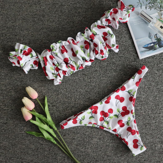 Bikini Plisado con Estampado de Cerezas y Mangas - Image 10