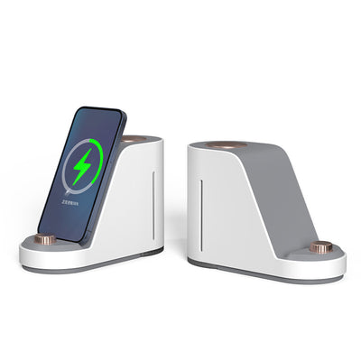 White and gray trapezoidal humidifier with a rose gold top mist outlet and control knob on a wooden desk. - Image 2