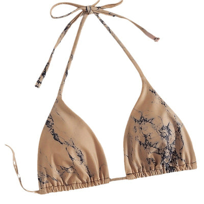 White and black marble print three-piece bikini set with a halter top and ruched mini skirt. - Image 8