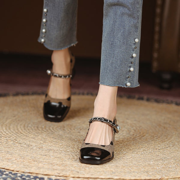 Zapatos Retro Franceses de Lunares con Tacón Alto Grueso y Bloques de Color