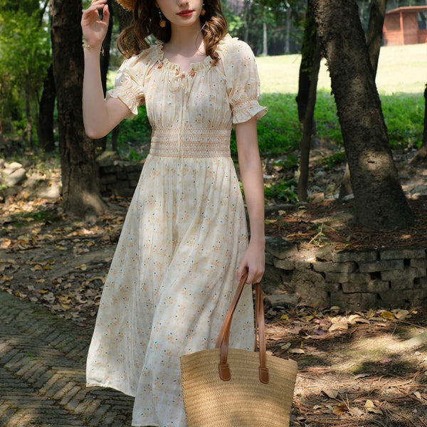 Vestido Floral Francés Cintura Alta con Lazada