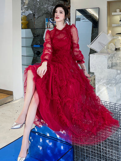 Vestido Rojo Elegante de Novia con Mangas Largas para Dama - Image 3