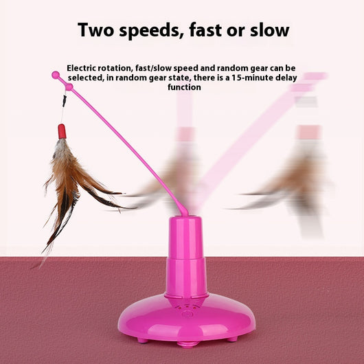 Pink automatic cat toy with a rotating pole and a brown feather attachment, measuring 15cm high. - Image 4