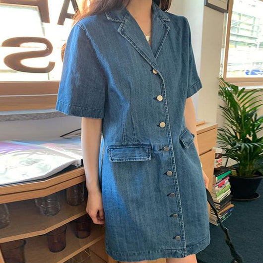 Vestido Denim Holgado con Bolsillos Dobles - Manga Corta - Image 16