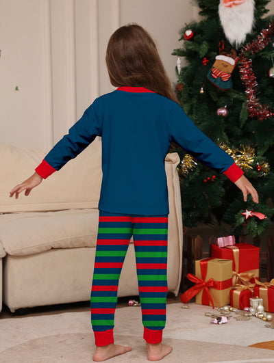 Child's blue long-sleeve Christmas pajamas with a dinosaur graphic and red and green striped pants. - Image 20