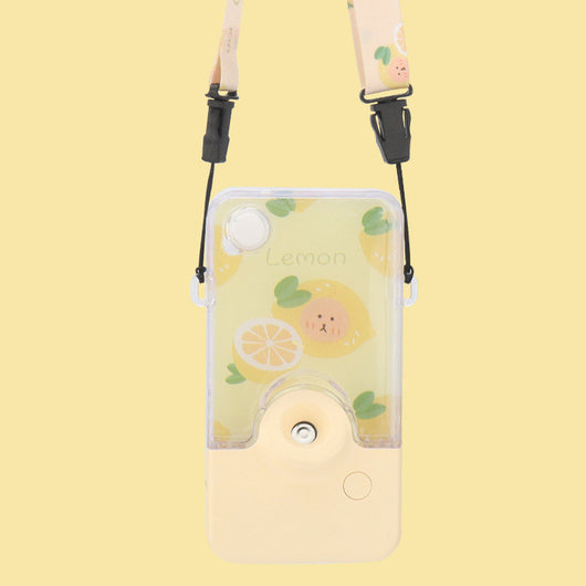 Pink and clear portable handheld humidifier with a fruit pattern, mist nozzle, and a matching pink neck lanyard. - Image 7