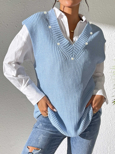 Chaleco Tejido con Perlas en Escote V - Elegancia Minimalista - Image 20
