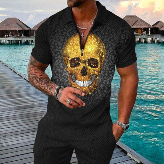 Conjunto de Camiseta Geométrica 3D con Cierre y Solapa - Estilo Verano para Hombre
