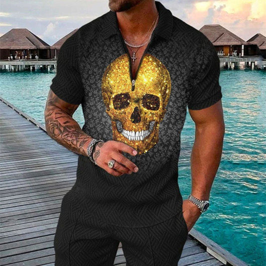 Conjunto de Camiseta Geométrica 3D con Cierre y Solapa - Estilo Verano para Hombre