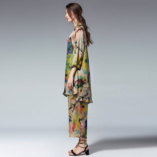 Traje Suelto de Seda Satinada Estampada con Cuello Redondo - Image 2