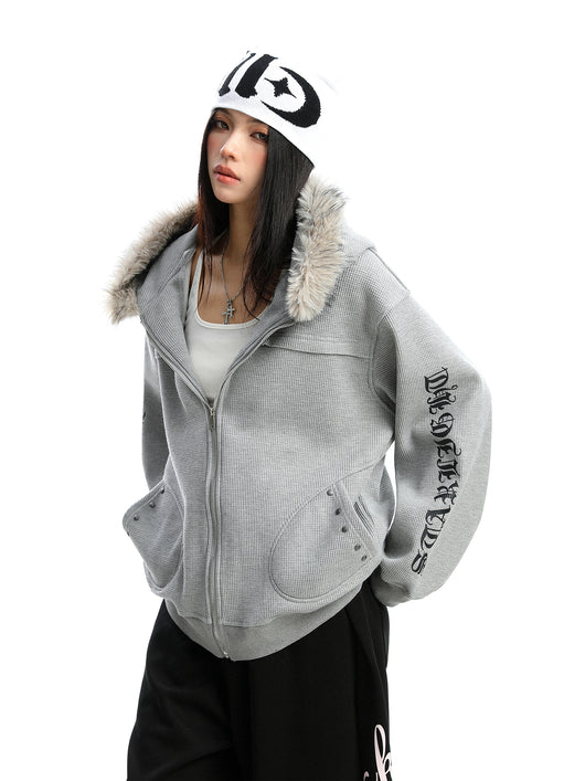 Cardigan Mujer con Cuello de Pelaje Desmontable y Cierre de Cremallera - Image 2
