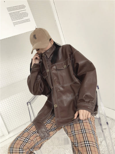 Chaqueta de Cuero PU para Motocicleta Mujer con Bolsillos Grandes y Costuras Topstitched - Image 12