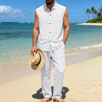 Conjunto de Lino Holgado para Hombre: Camisa sin Mangas y Pantalón Recto - Image 16