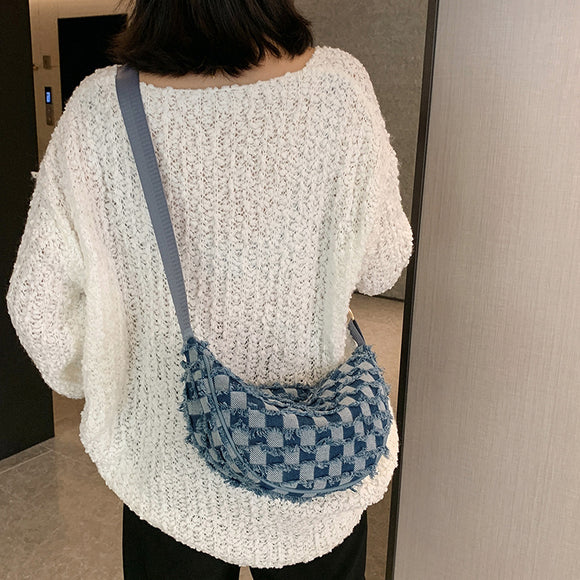 Bolsa de Ombro Underarm Jeans com Estampa Xadrez Escocês
