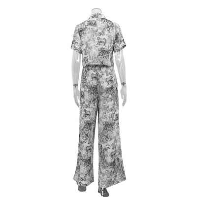 Conjunto de Dos Piezas: Camisa Estampada con Pintura China y Pantalón Ancho Cintura Alta - Image 16