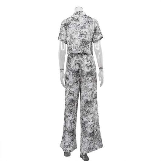 Conjunto de Dos Piezas: Camisa Estampada con Pintura China y Pantalón Ancho Cintura Alta - Image 16