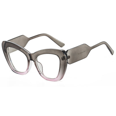 Pink cat-eye sunglasses with green temples and brown to pink gradient lenses on a white background. - Image 13