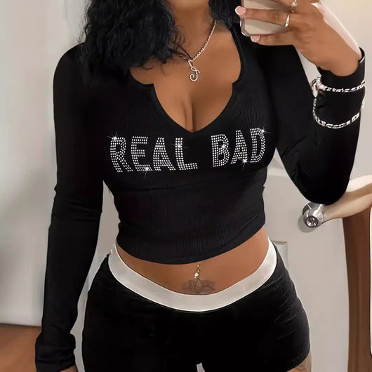 Blusa Crop Top Cuello Redondo Manga Larga para Mujer