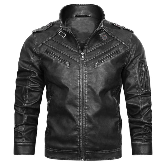 Chaqueta de Cuero Vintage para Hombre con Cuello Alzado y Desgaste Artesanal