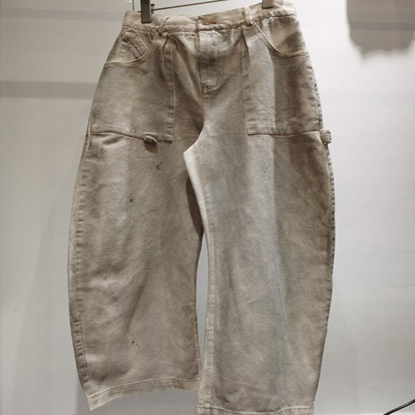 Jeans Anchos Desgastados con Estampado de Tinta Salpicada - Estilo Holgado y Moderno