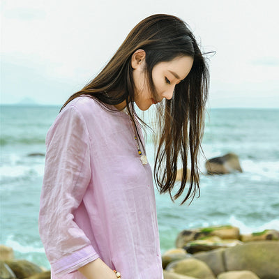 Blusa Camisera Suelta de Algodón y Lino con Manga 3/4 para Mujer - Image 3