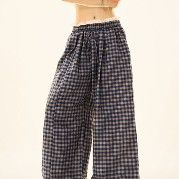 Pantalones Sueltos Retro Azul con Patrón Geométrico
