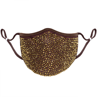 Beige fashion face mask covered in clear rhinestones with adjustable ear loops for a sparkly look. - Image 5